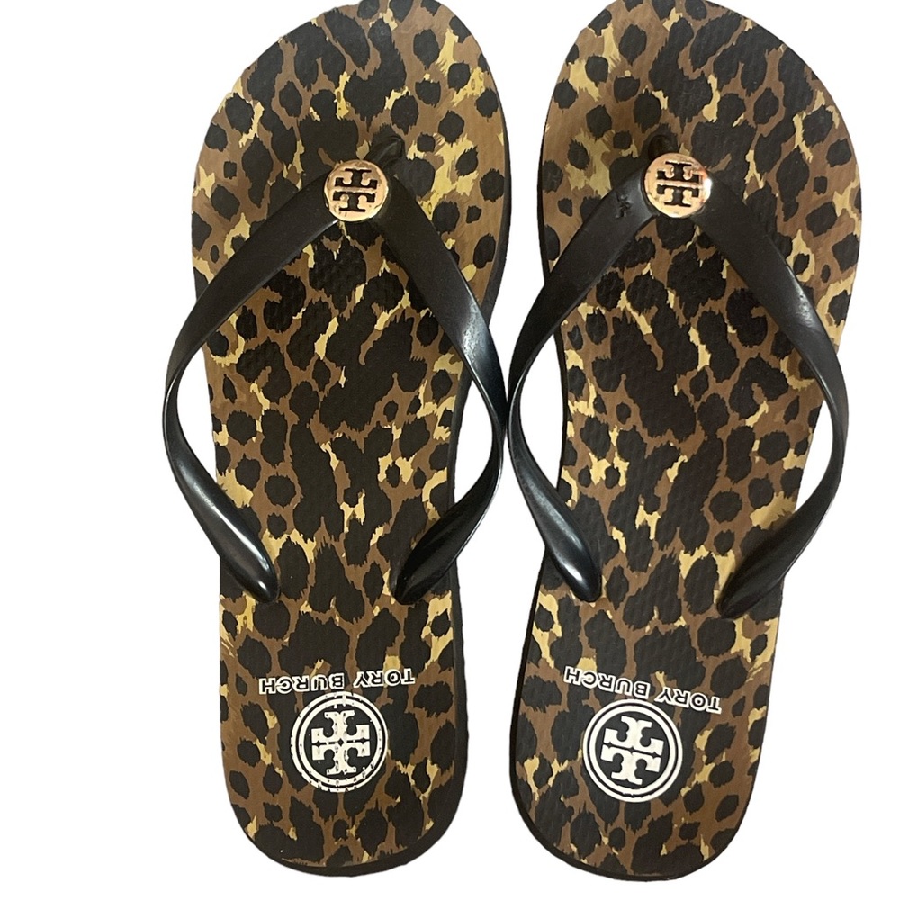 Tory Burch Leopard-Print Flip Flop Sandals with Black Straps